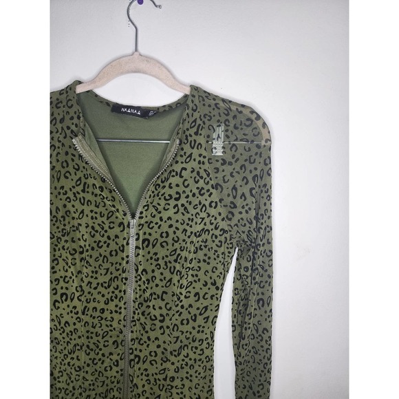 NaaNaa 1/2 Zip Front Green Bodycon Mini Animal Print Women 6 Mesh Dress - Picture 4 of 14